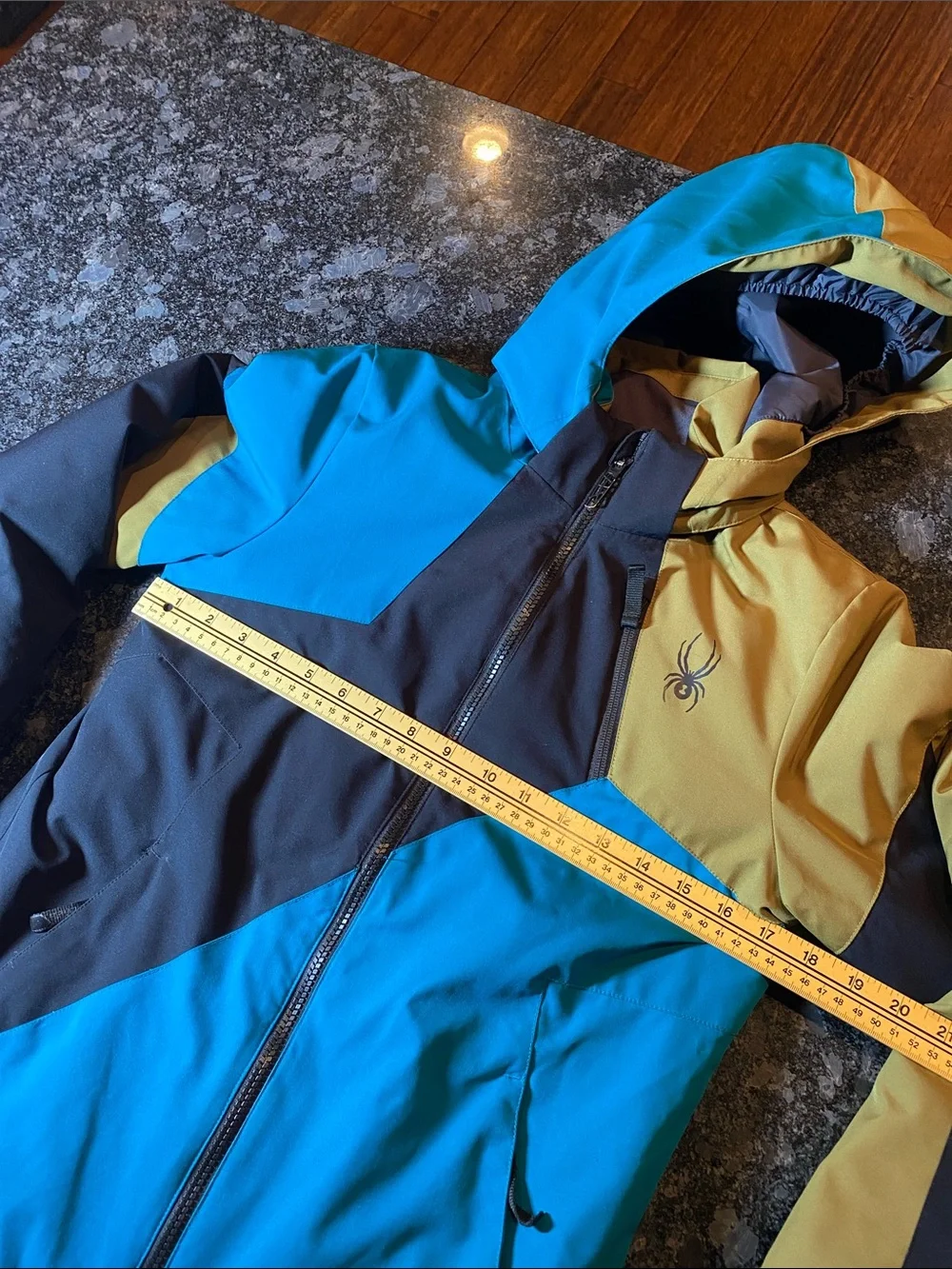 Spyder Ambush Ski Kids Colorblock Hooded Puffer Jacket Blue, Olive & Black Sz 14